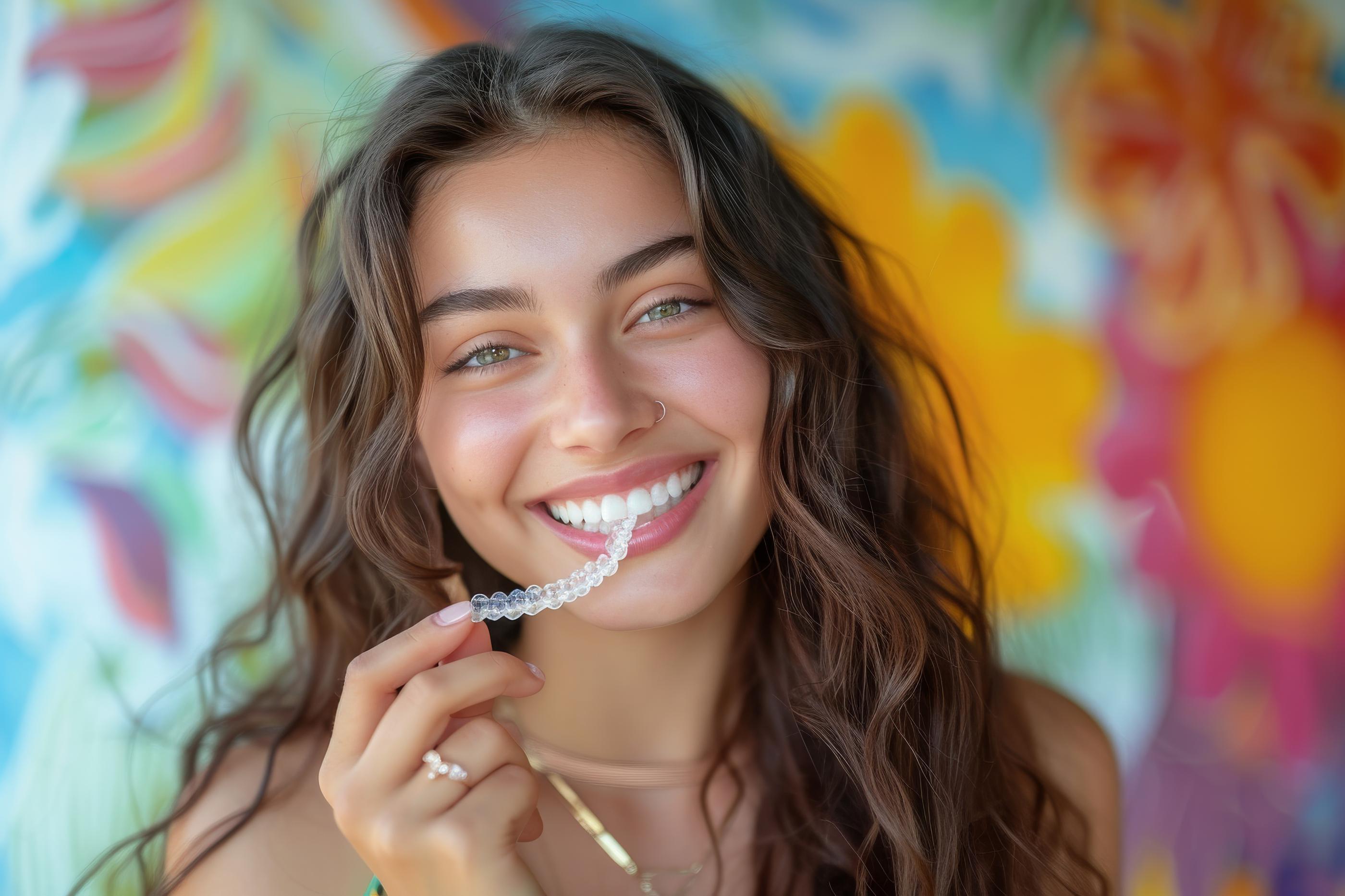 Woman with nice smile showing Invisalign